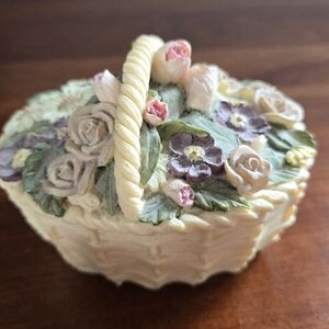 Cream Floral Ceramic/Resin Trinket/Jewelry Basket with Pink and Purple Accents